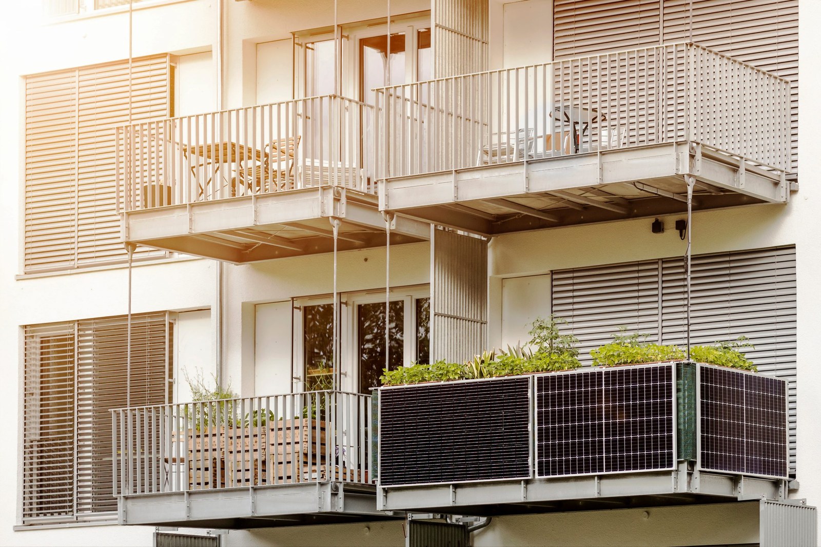 Solar Panels on Balcony of Apartment Building. Modern Balcony wi